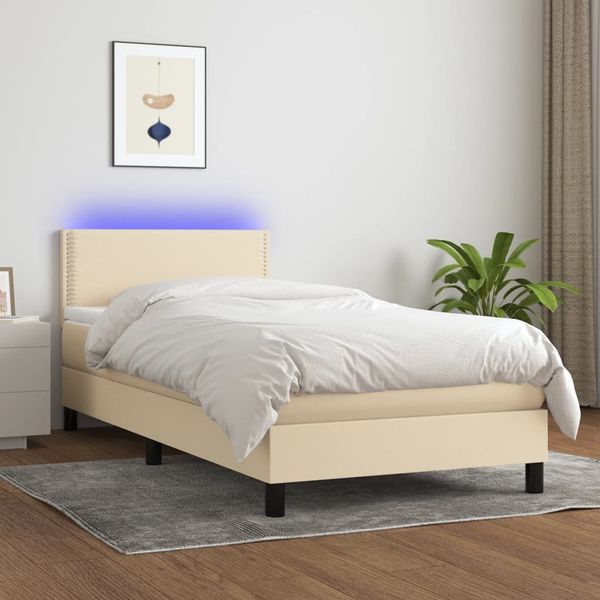 vidaXL Posteľ boxsping s matracom a LED krémová 90x200 cm látka