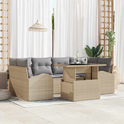 vidaXL Súprava záhradných pohoviek s vankúšom 7 pcs Béžová Poly ratan