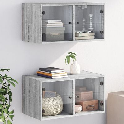 vidaXL Nástenné skrinky sklenené dvierka 2 ks sivé sonoma 68,5x37x35cm