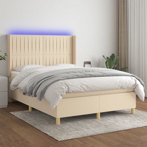 vidaXL Posteľ boxsping s matracom a LED krémová 140x190 cm látka