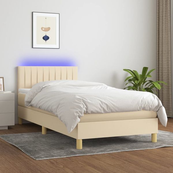 vidaXL Posteľ boxsping s matracom a LED krémová 80x200 cm látka