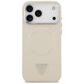 Guess Case Magsafe PU Leather Case s trojuholníkovým logom a strieborným kovovým rámom fotoaparátu pre iPhone 17 Pro Max béžová