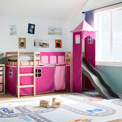 vidaXL Detská vyvýšená posteľ veža ružová 90x190 cm masívna borovica