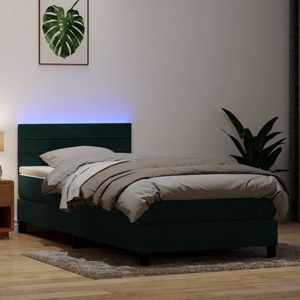 vidaXL Posteľný rám boxsping s matracom a LED tmavozelený 100x210 cm zamat