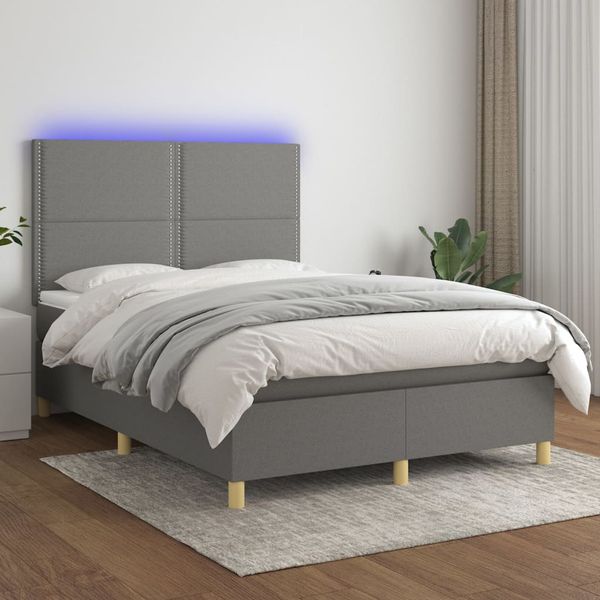 vidaXL Posteľ boxsping s matracom a LED tmavosivá 140x200 cm látka