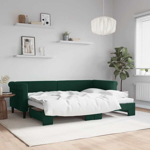 vidaXL Denná posteľ s rozkladacou posteľou tmavozelená 80x200 cm zamat