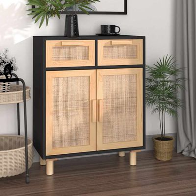 vidaXL Komoda čierna 60x30x75 cm masívna borovica a prírodný ratan
