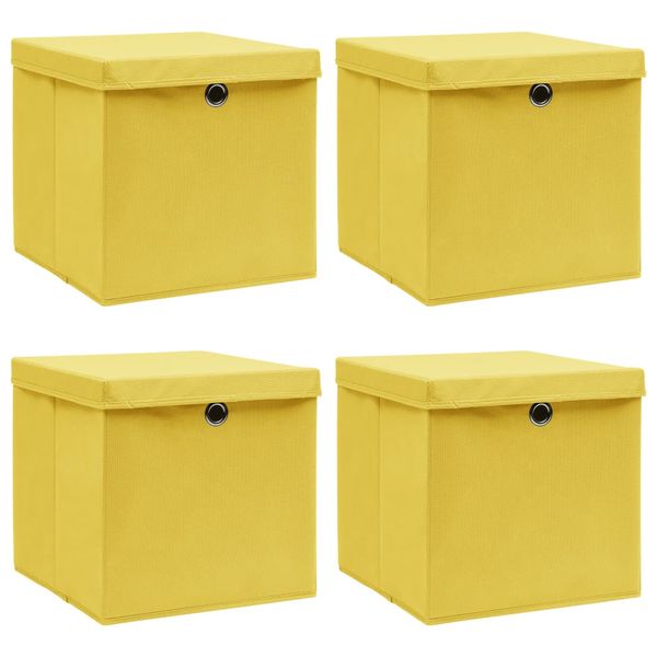 vidaXL Úložné boxy s vekom 4 ks, žlté 32x32x32 cm, látka