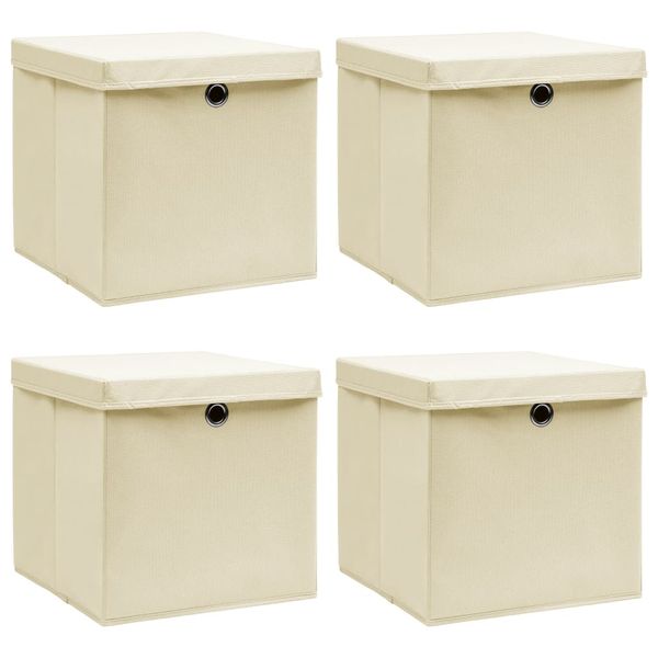 vidaXL Úložné boxy s vekom 4 ks, krémové 32x32x32 cm, látka