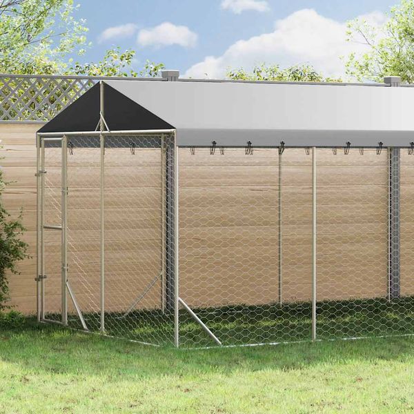 vidaXL Vonkajší koterec pre psov so strechou strieborný 3x9x2,5 m oceľ