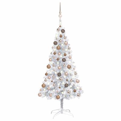 vidaXL Osvetlený umelý vianočný stromček s guľami strieborný 150cm PET