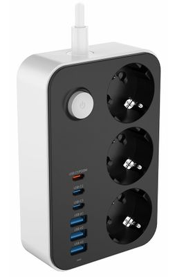 COLORWAY Prodlužovací napájecí přívod/ 3x Schuko/ 3x USB-C 20W/ 3x USB-A/ kabel 2m Napájecí lišta, 3 zásuvky EU, 3× USB-A + 3× USB-C, PD 20 W, prepetová ochrana, hlavní vypínac, kabel 2 m, cerná