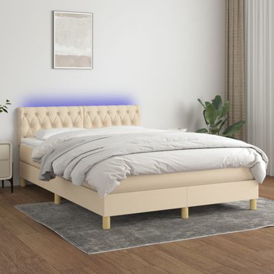 vidaXL Posteľ boxsping s matracom a LED krémová 140x200 cm látka