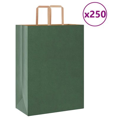 vidaXL Papierové tašky 250 ks s rúčkami, zelené, 32x17x44 cm