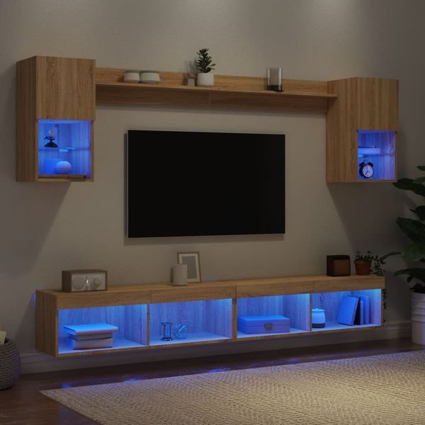 vidaXL 6-dielne TV nástenné skrinky s LED dub sonoma kompozitné drevo