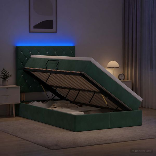 vidaXL LED úložná posteľ s matracom Tmavozelená 120 x 190 cm Zamat