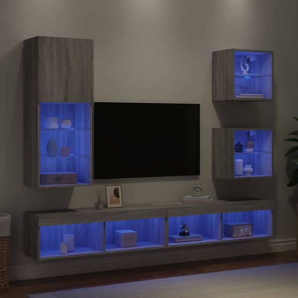 vidaXL 5-dielne TV nástenné skrinky s LED sivé sonoma kompozitné drevo