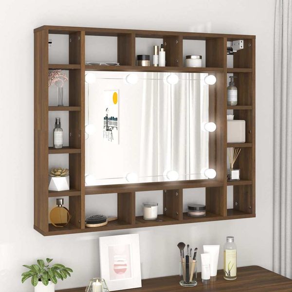 vidaXL Zrkadlová skrinka s LED hnedý dub 91x15x76,5 cm