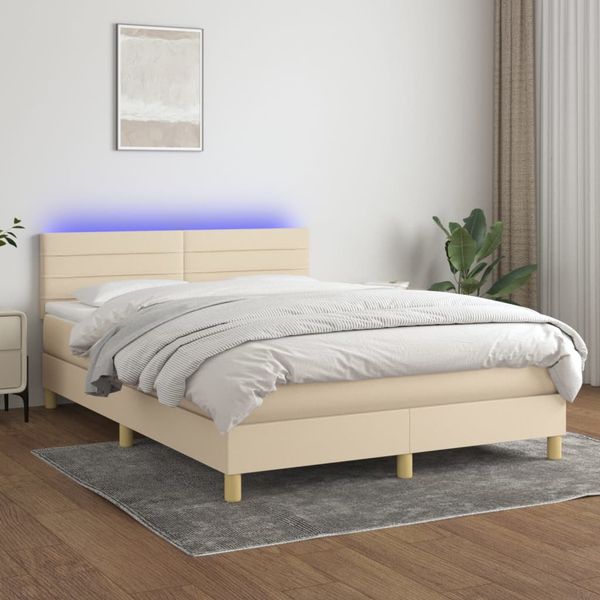 vidaXL Posteľ boxsping s matracom a LED krémová 140x200 cm látka