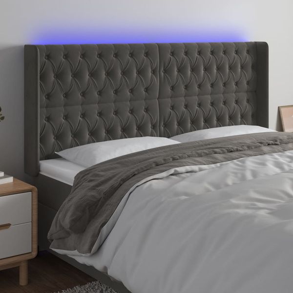vidaXL Čelo postele s LED tmavosivé 203x16x118/128 cm zamat