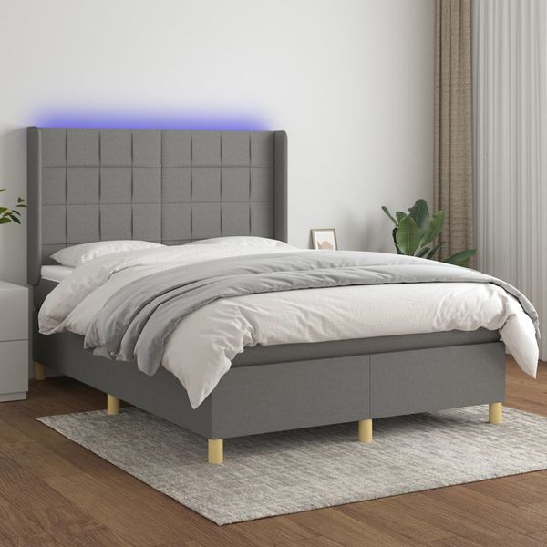 vidaXL Posteľ boxsping s matracom a LED tmavosivá 140x190 cm látka