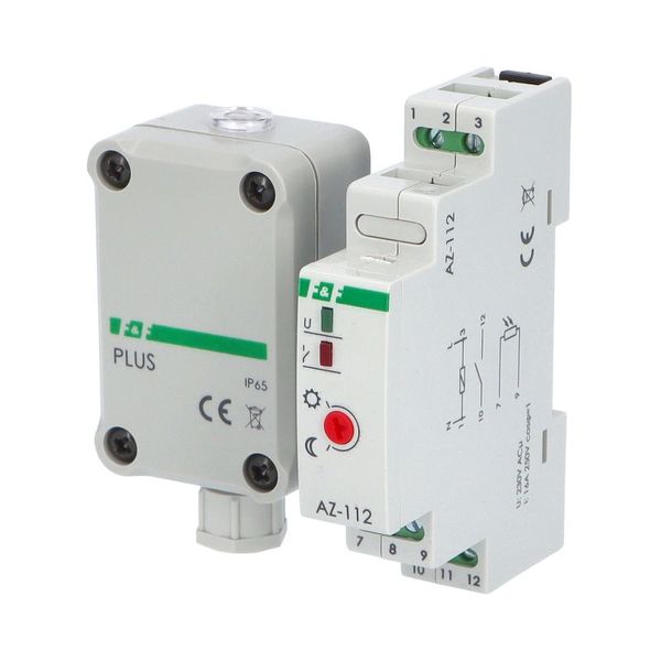 Spínač súmrakový F&F AZ-112 PLUS, 2-1000lux, 16A, 230V, s externým čidlom, IP65, sivý, na DIN
