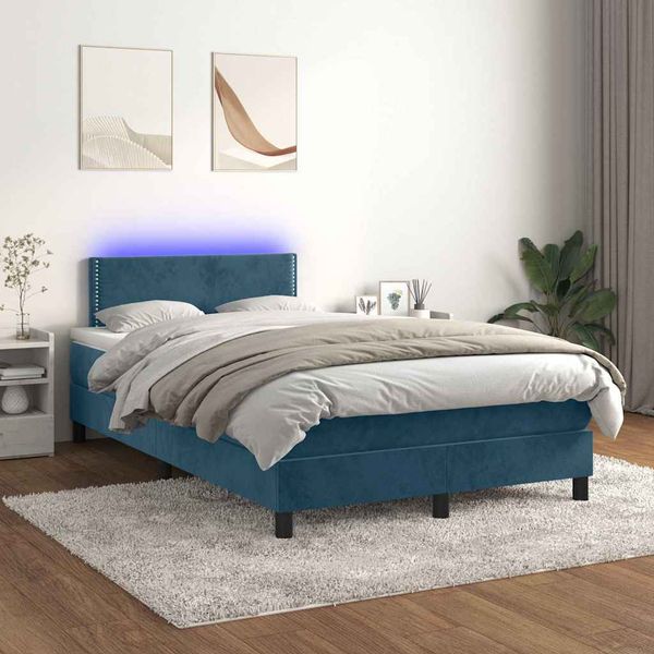 vidaXL Posteľný rám boxsping matrac a LED tmavomodrý 120x200 cm zamat
