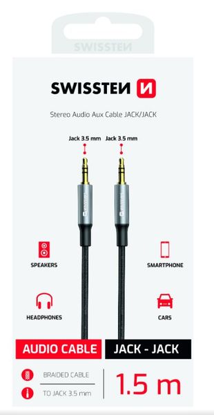SWISSTEN AUDIO KÁBEL TEXTILE JACK (samec) / JACK (samec) 1,5 M ČIERNY (nahrádza 73501101)
