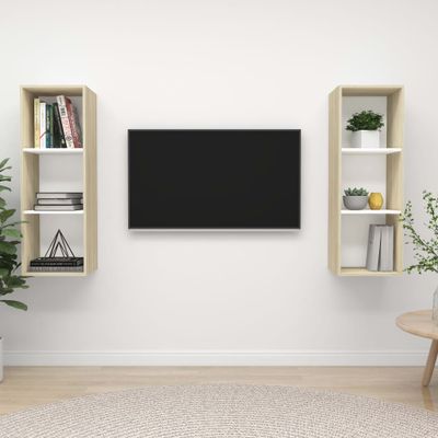 vidaXL Nástenné TV skrinky 2 ks, biela a dub sonoma, kompozitné drevo
