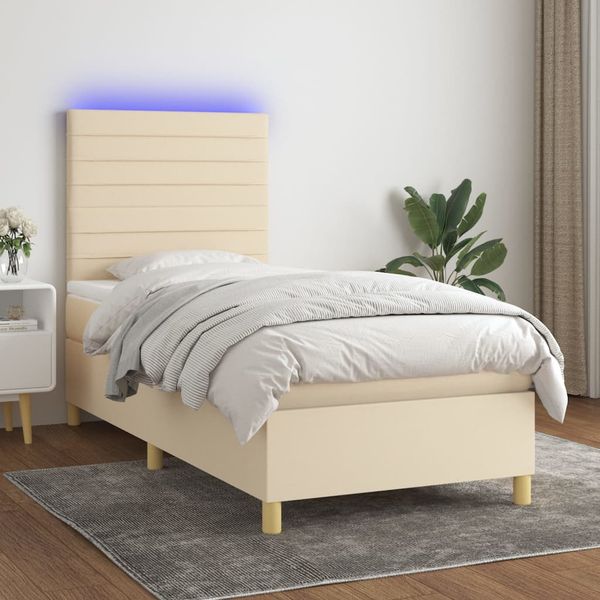 vidaXL Posteľ boxsping s matracom a LED krémová 100x200 cm látka