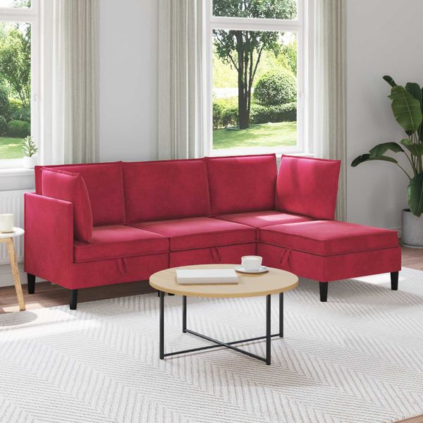 vidaXL Súprava nábytku do obývačky s vankúšom 4 pcs Víno červené Zamat