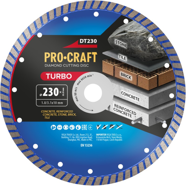 Diamantový rezný kotúč 230 mm PROCRAFT DT230 Turbo