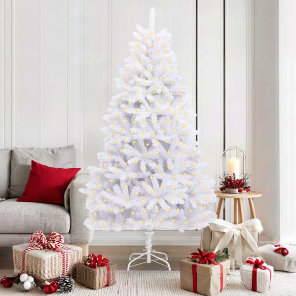 vidaXL Umelý vianočný stromček s 300 LED-i Biela 180 cm PVC a kov