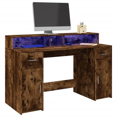 vidaXL Stôl s LED svetlami dymový dub 140x55x91 cm kompozitné drevo