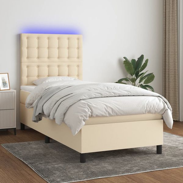 vidaXL Posteľ boxsping s matracom a LED krémová 90x190 cm látka