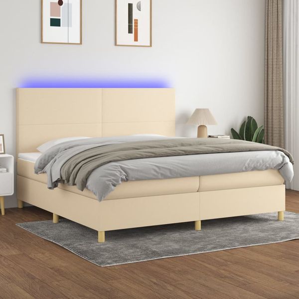 vidaXL Posteľ boxsping s matracom a LED krémová 200x200 cm látka