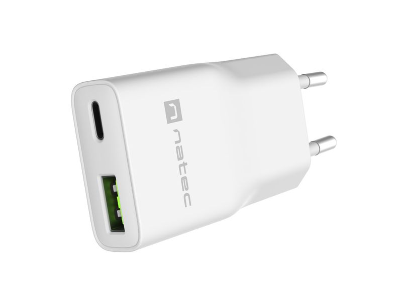Univerzálna USB nabíjačka Natec RIBERA GaN SLIM, 20 W, 1X USB-A + 1X USB-C, Biela