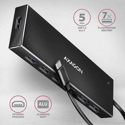 AXAGON HUE-F7C, 7x USB 3.2 Gen 1 ALU FLAT CHARGING hub, micro USB napäťový konektor, kábel USB-C 30cm USB Hub, externý, 7x USB 3.0, 0,3m, hliníkové telo, čierna