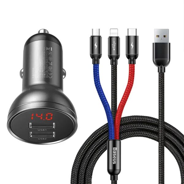 Baseus nabíjačka do auta s 24W displejom + kábel USB 3v1 Baseus Tri základné farby 1,2 m