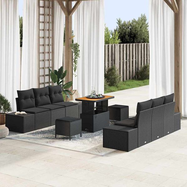 vidaXL Súprava záhradných pohoviek s vankúšom 9 pcs Čierna Poly ratan
