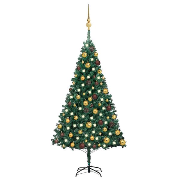 vidaXL Osvetlený umelý vianočný stromček s guľami, zelený 120 cm, PVC