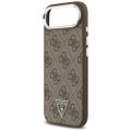 Guess Case Magsafe 4G PU kožený obal s trojuholníkovým logom a strieborným kovovým rámom fotoaparátu pre iPhone 17 Air hnedá