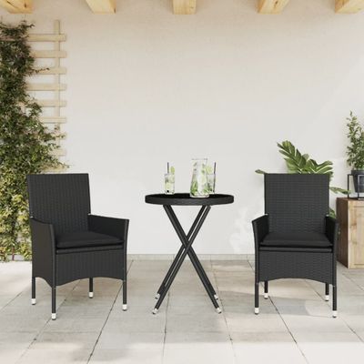 vidaXL 3-dielna bistro súprava s vankúšmi čierna polyratan a sklo