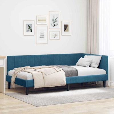 vidaXL Rohový rám postele s čelnou doskou Modrá 90 cm x 190 cm Zamat