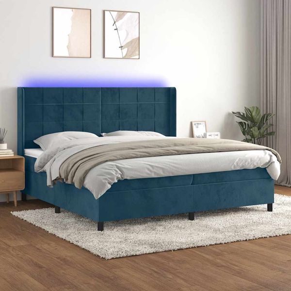 vidaXL Posteľný rám boxsping matrac a LED tmavomodrý 200x200 cm zamat