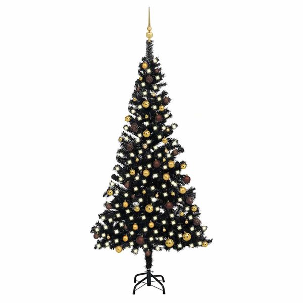 vidaXL Osvetlený umelý vianočný stromček s guľami, čierny 210 cm, PVC
