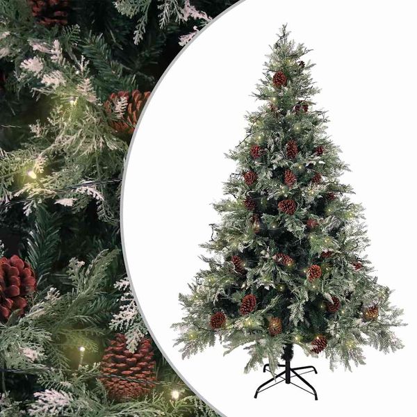 vidaXL Osvetlený vianočný stromček so šiškami, zelený 120 cm, PVC a PE
