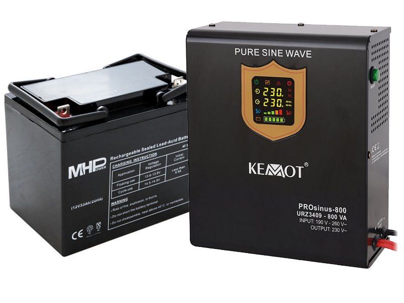 Zdroj záložný KEMOT PROsinus  800 URZ3409  500W 12V stenný + batéria 40Ah