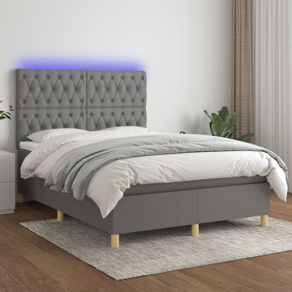 vidaXL Posteľ boxsping s matracom a LED tmavosivá 140x200 cm látka