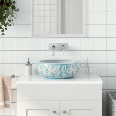 vidaXL Umývadlo na dosku bielo-modré okrúhle Φ41x14 cm keramické